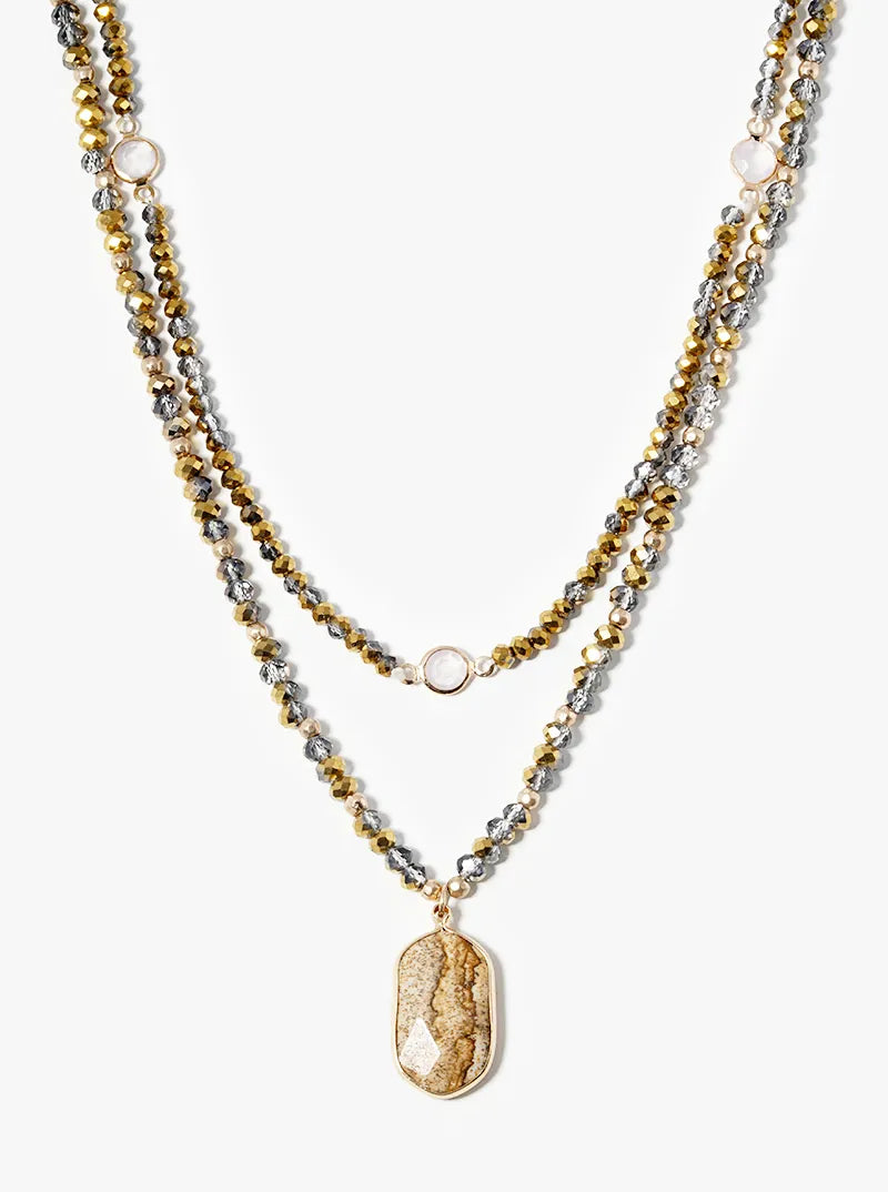 Dual Layer Crystal Glass Beaded Necklace With Semiprecious Stone Pendant