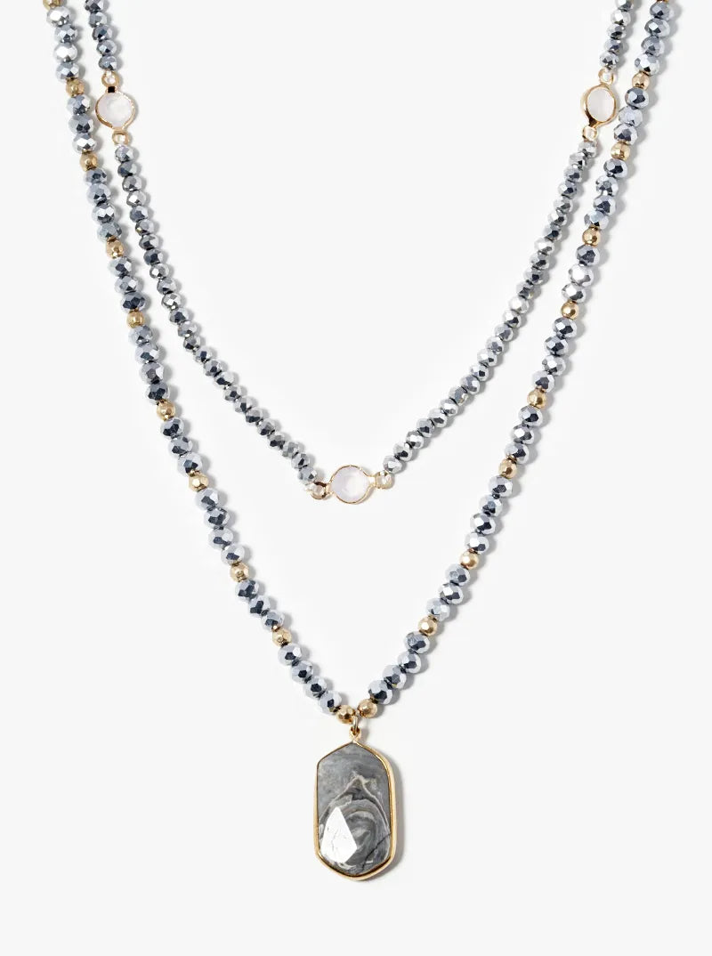 Dual Layer Crystal Glass Beaded Necklace With Semiprecious Stone Pendant