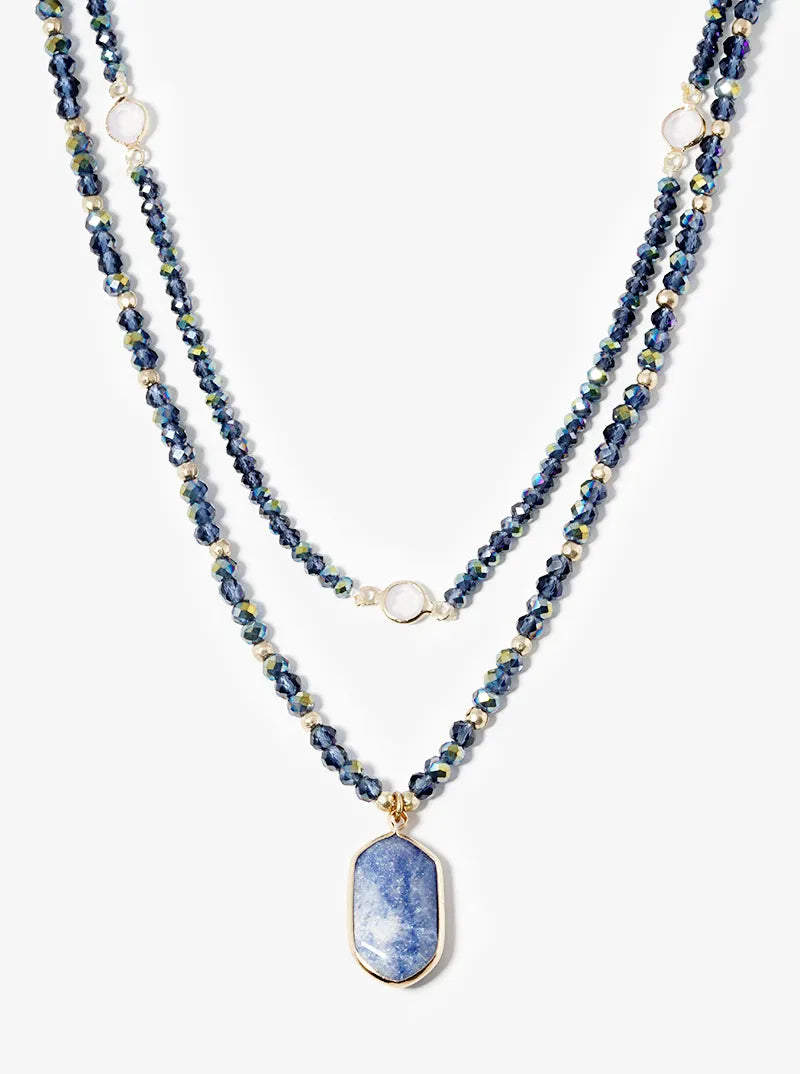 Dual Layer Crystal Glass Beaded Necklace With Semiprecious Stone Pendant