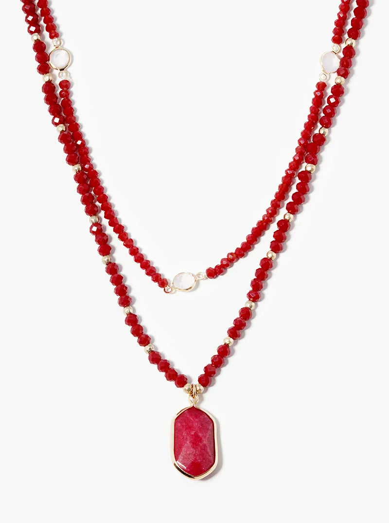 Dual Layer Crystal Glass Beaded Necklace With Semiprecious Stone Pendant
