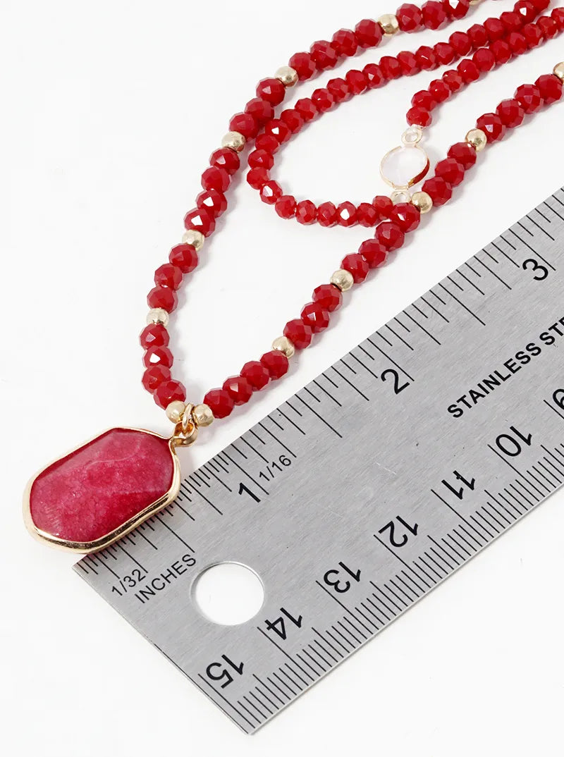 Dual Layer Crystal Glass Beaded Necklace With Semiprecious Stone Pendant