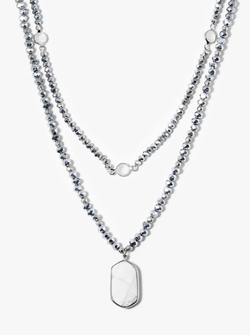 Dual Layer Crystal Glass Beaded Necklace With Semiprecious Stone Pendant