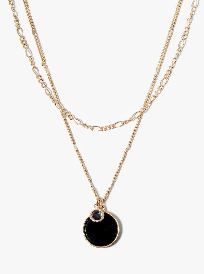 Dual Layer Necklace With Round Semiprecious Pendant