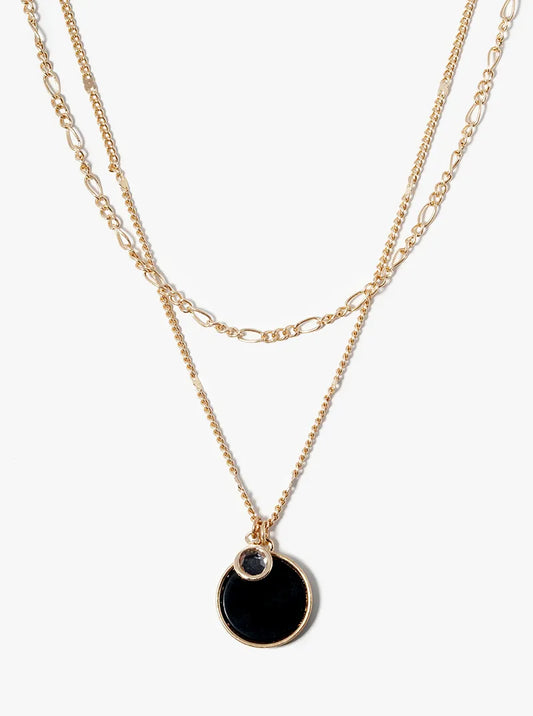 Dual Layer Necklace With Round Semiprecious Pendant