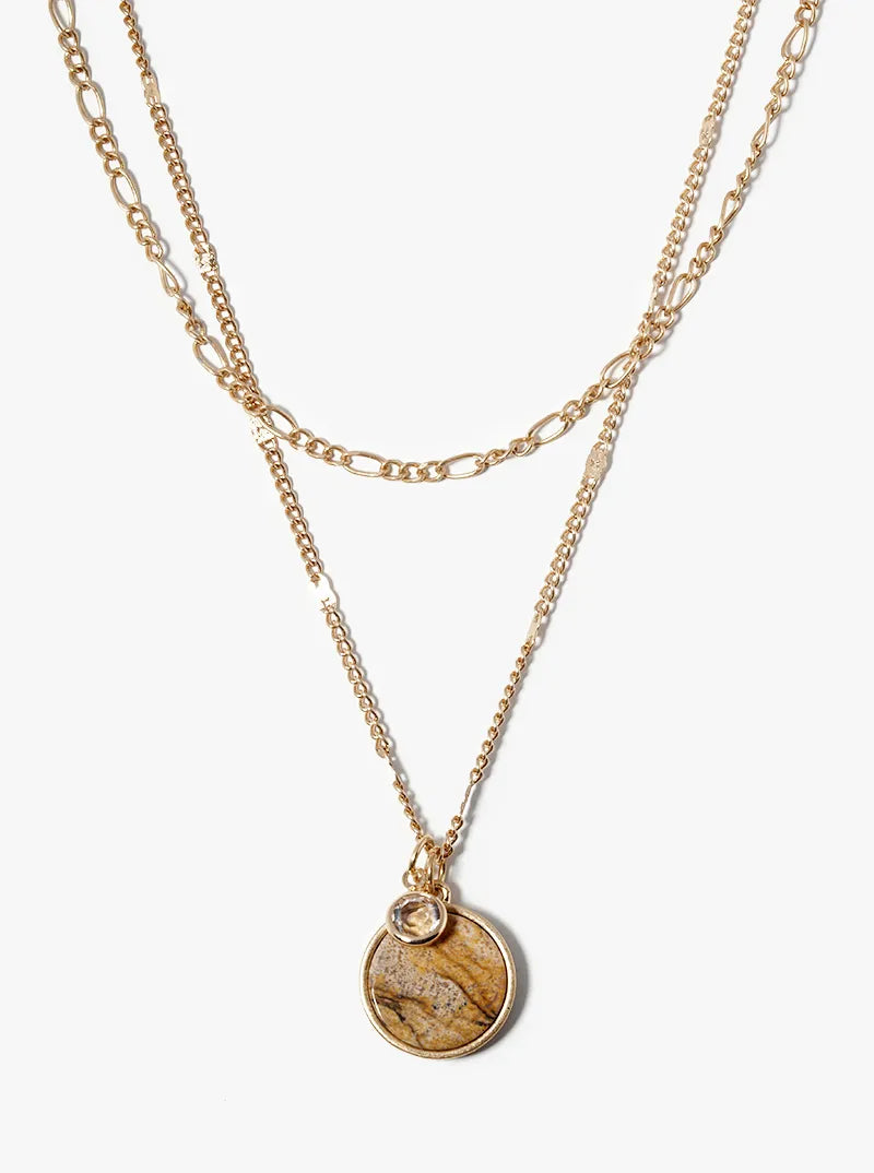 Dual Layer Necklace With Round Semiprecious Pendant