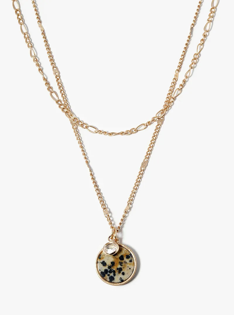 Dual Layer Necklace With Round Semiprecious Pendant