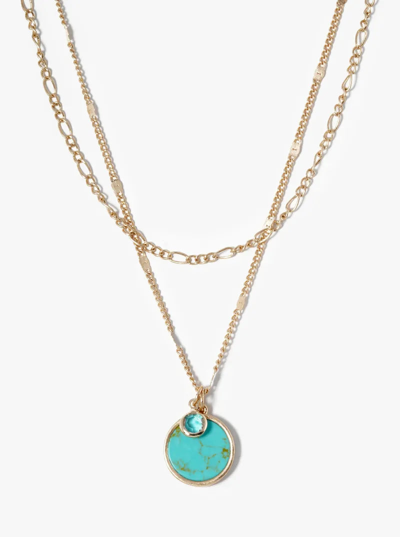 Dual Layer Necklace With Round Semiprecious Pendant