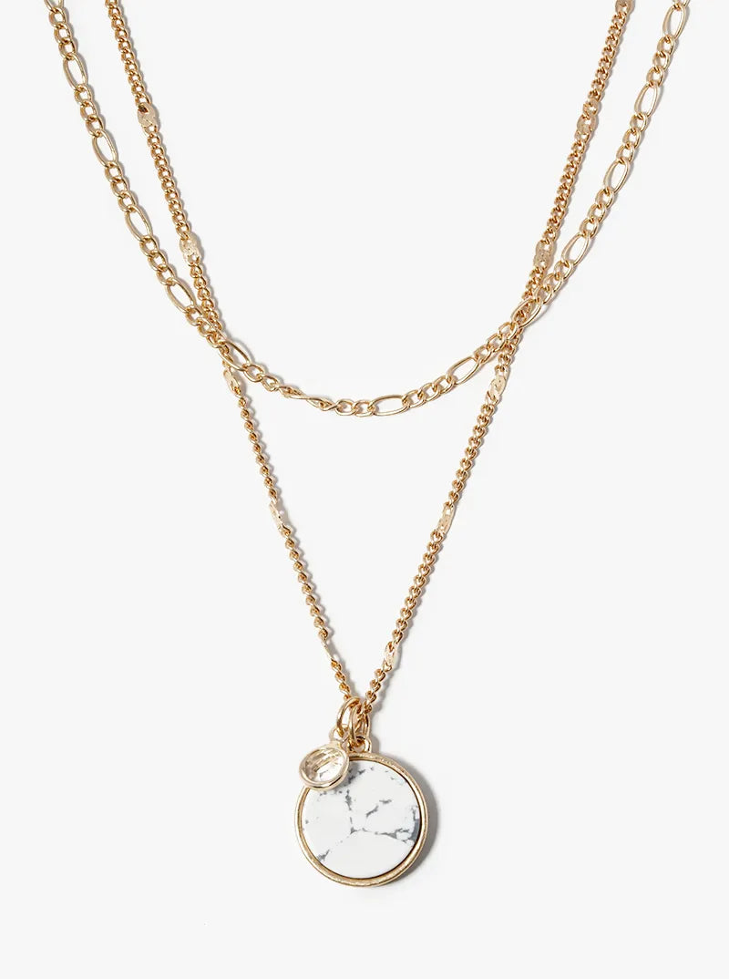 Dual Layer Necklace With Round Semiprecious Pendant