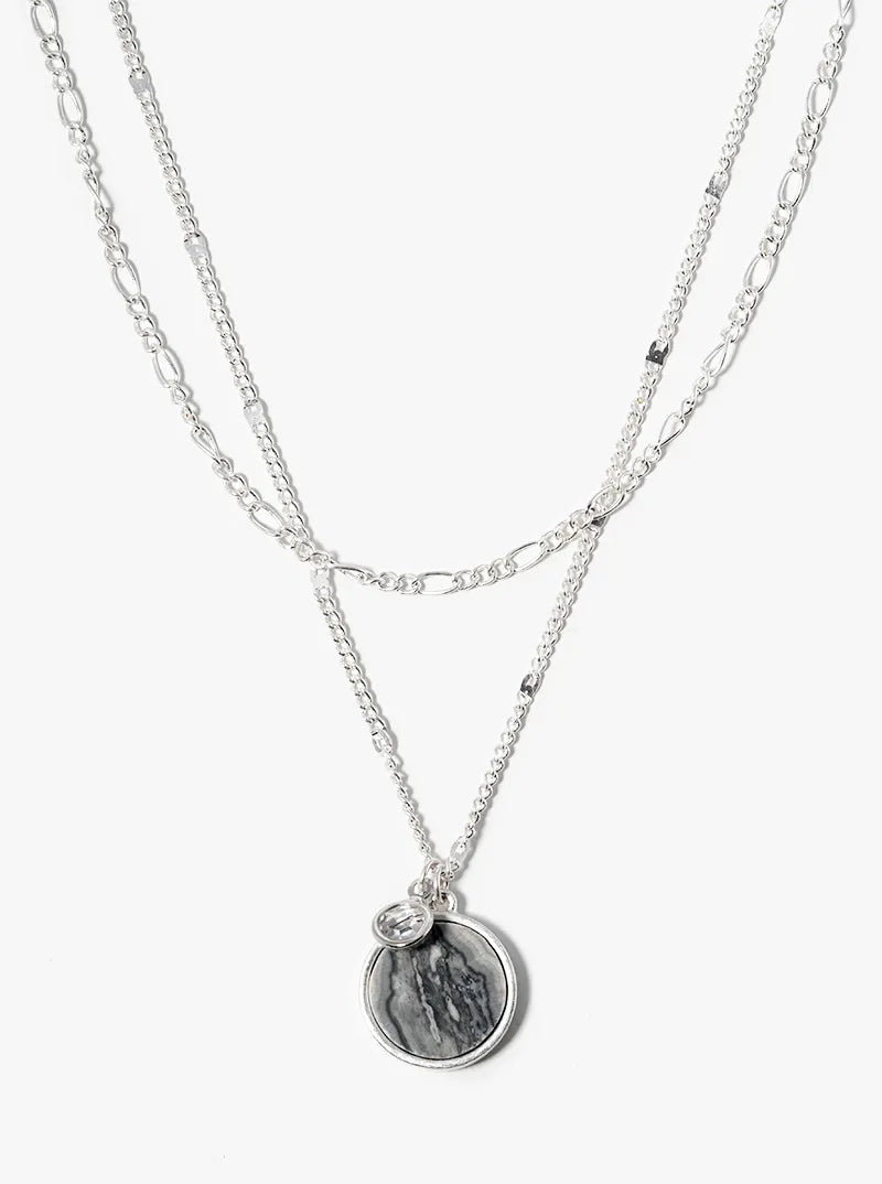 Dual Layer Necklace With Round Semiprecious Pendant