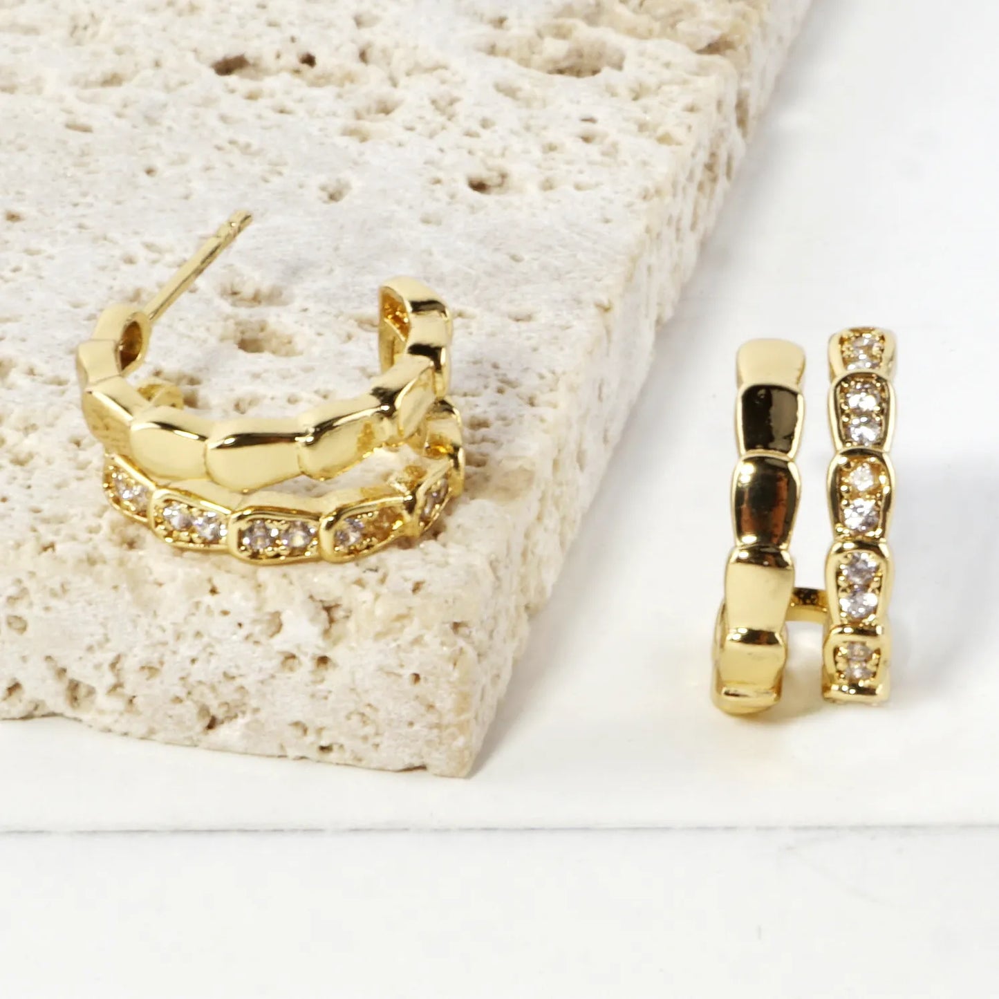 Dual Layer Pillow Link CZ Pave Brass Hoop Earrings