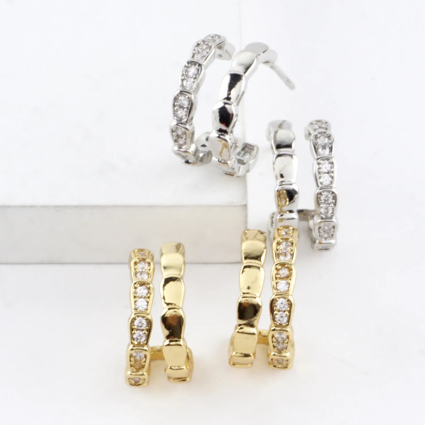 Dual Layer Pillow Link CZ Pave Brass Hoop Earrings