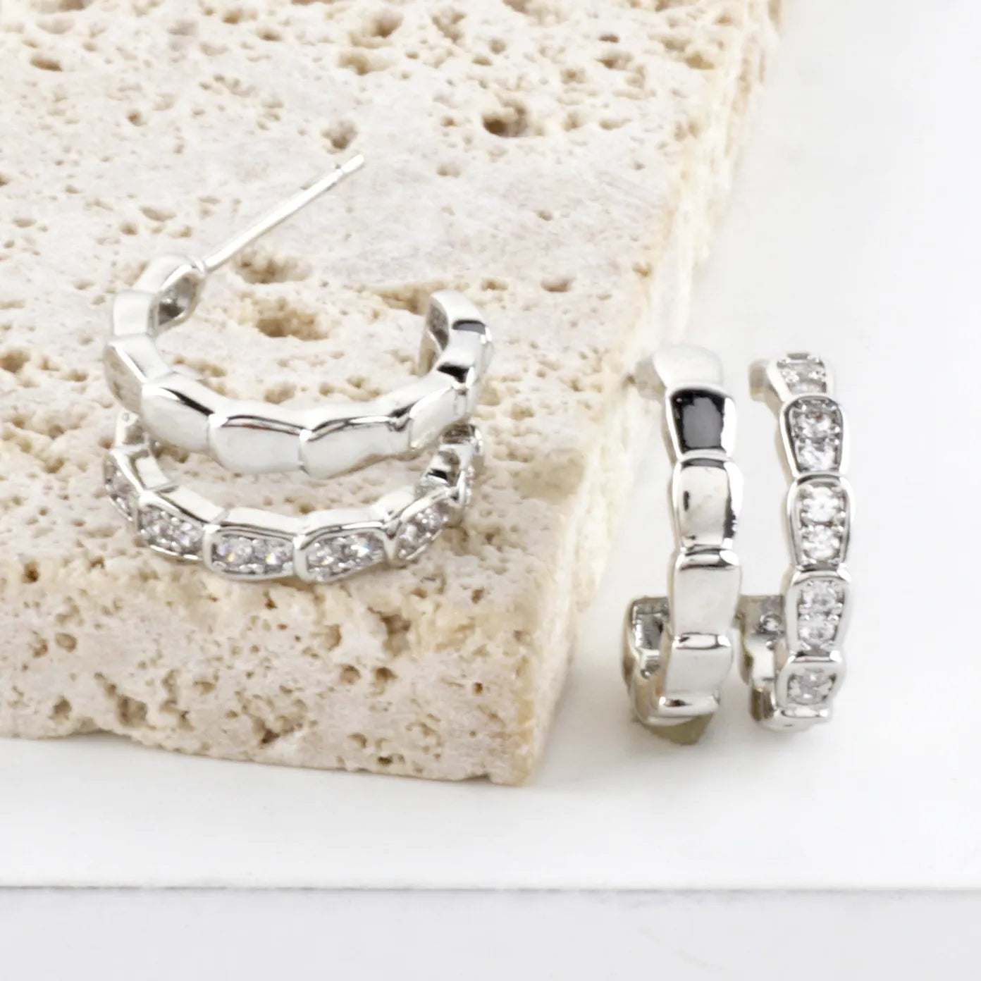 Dual Layer Pillow Link CZ Pave Brass Hoop Earrings