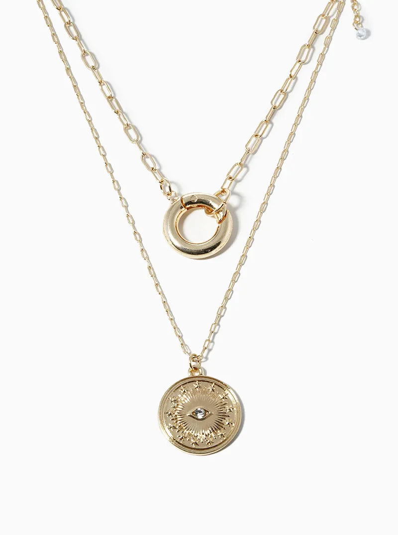 Dual-Layer Round Evil Eye Pendant Necklace