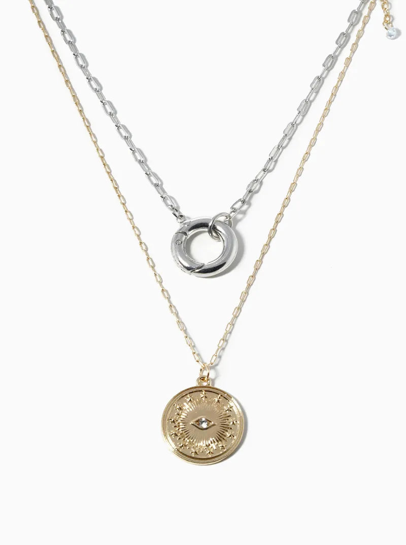 Dual-Layer Round Evil Eye Pendant Necklace
