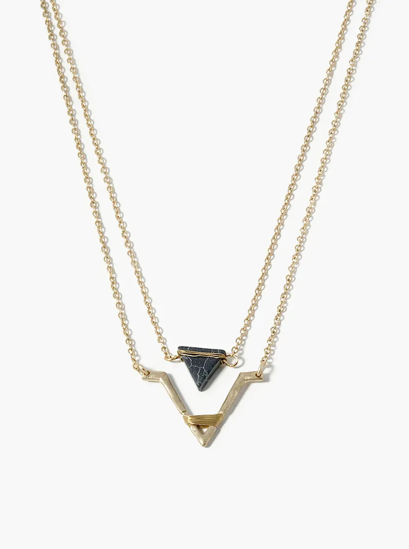 Dual Layer Semiprecious And Cast Chevron Motif Necklace