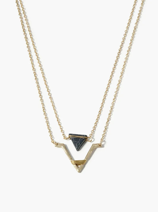 Dual Layer Semiprecious And Cast Chevron Motif Necklace