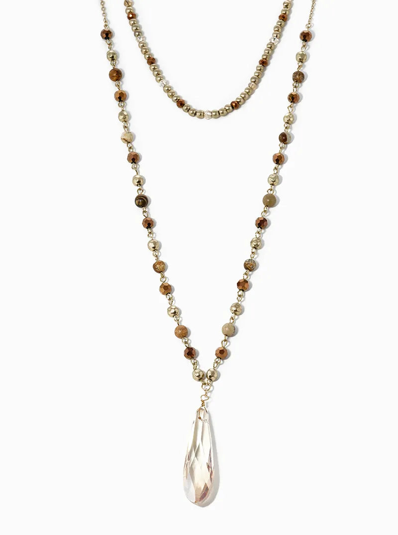 Dual Layered 16 Inch 32 Inch Semiprecious And Crystals Long Necklace With Elongated Teardrop Glass Pendant