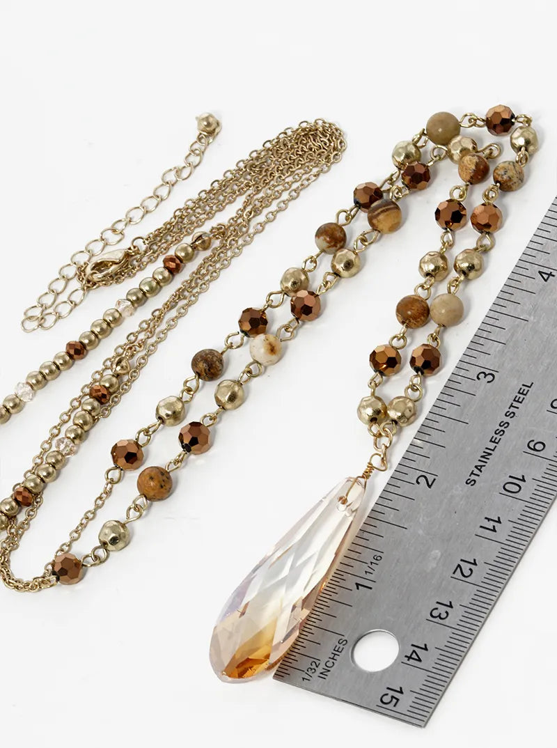 Dual Layered 16 Inch 32 Inch Semiprecious And Crystals Long Necklace With Elongated Teardrop Glass Pendant