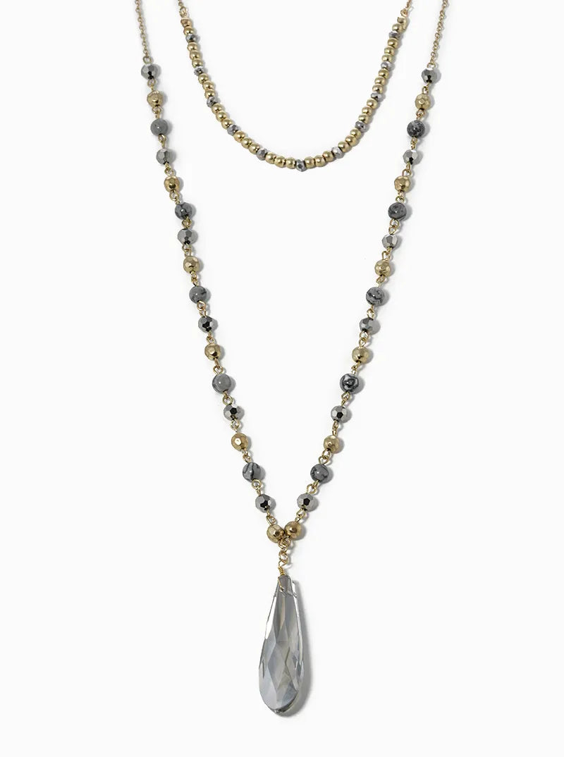 Dual Layered 16 Inch 32 Inch Semiprecious And Crystals Long Necklace With Elongated Teardrop Glass Pendant