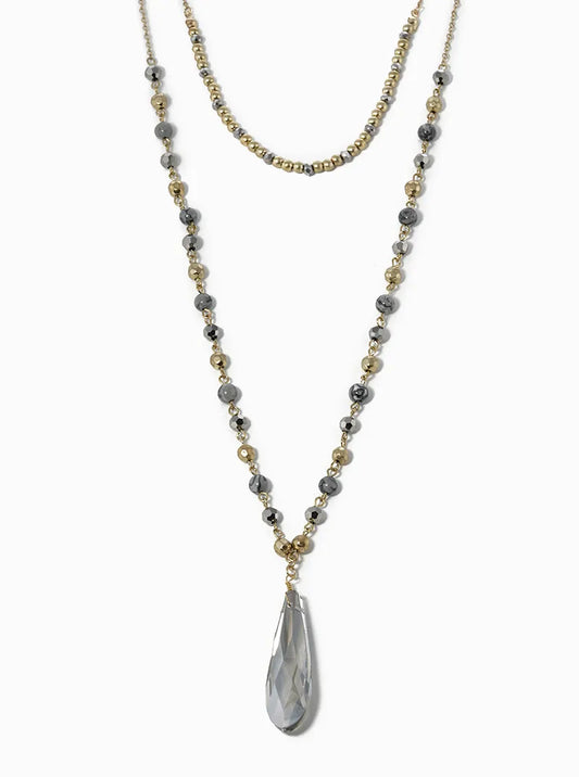 Dual Layered 16 Inch 32 Inch Semiprecious And Crystals Long Necklace With Elongated Teardrop Glass Pendant