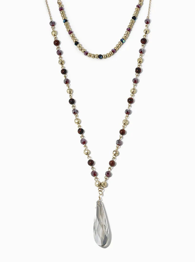 Dual Layered 16 Inch 32 Inch Semiprecious And Crystals Long Necklace With Elongated Teardrop Glass Pendant