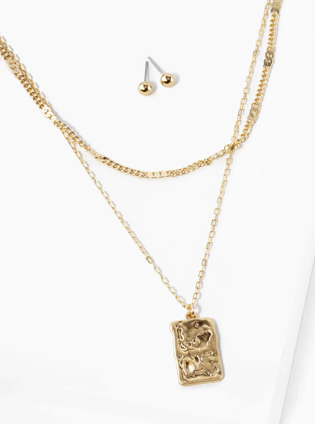 Dual Layered Textured Rectangular Pendant Necklace
