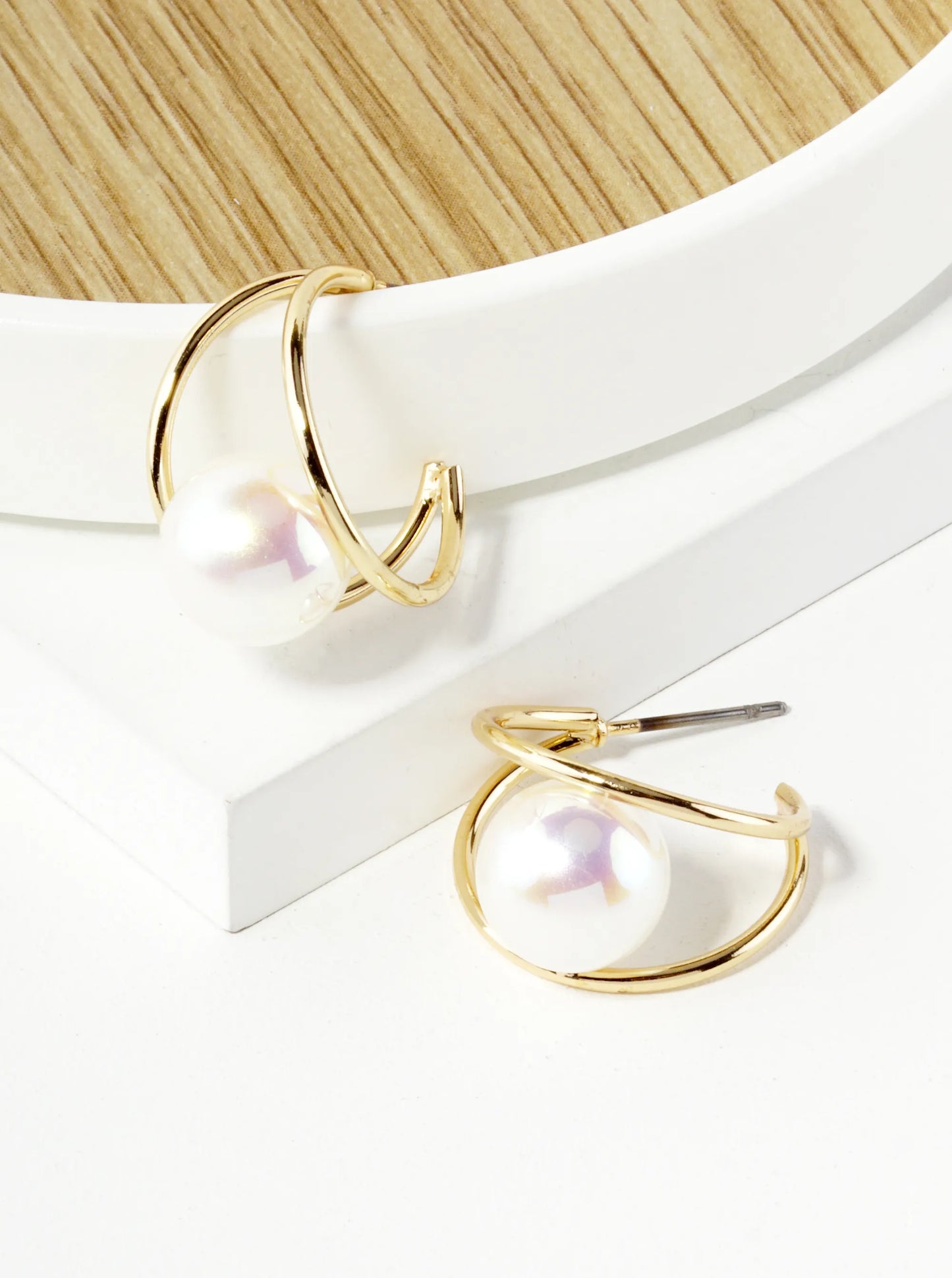 Dual Line Holding Pearl 20mm Hoop Earrings
