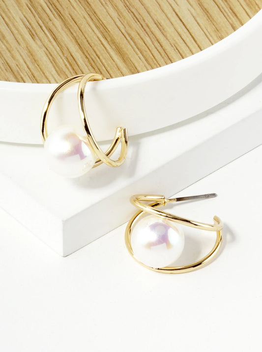 Dual Line Holding Pearl 20mm Hoop Earrings