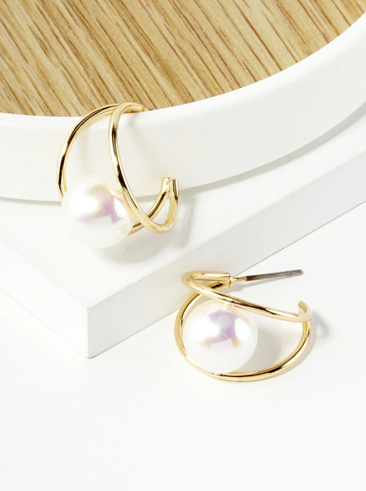 Dual Line Holding Pearl 20mm Hoop Earrings