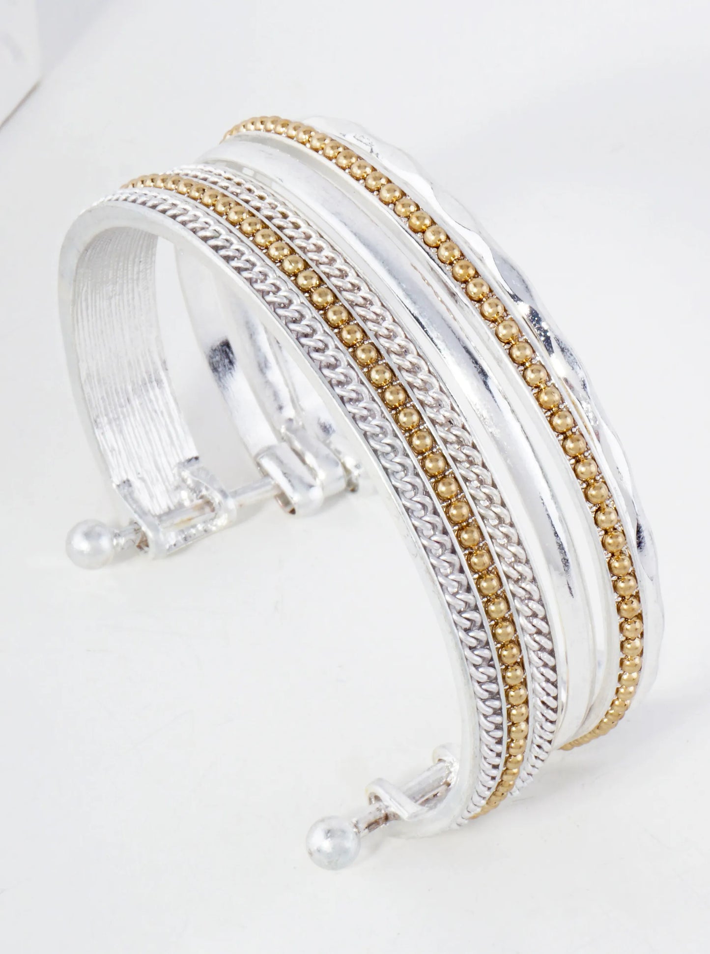 Dual-Tone Chain Ball Textured Layered Metal Open Cuff Bracelet