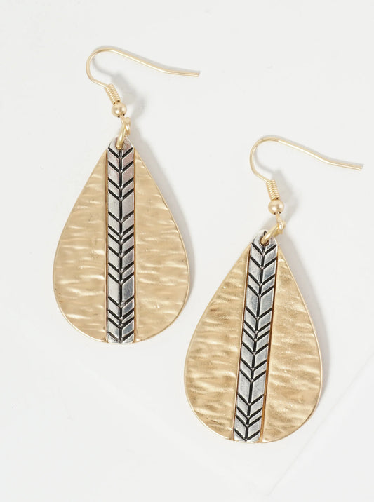Dual-Tone Chevron Engraved Hammered Teardrop Dangle Earrings