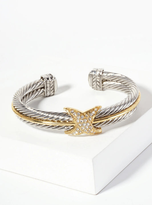 Dual-Tone Crystal-Pave Crossover Accent Open Cuff Bracelet