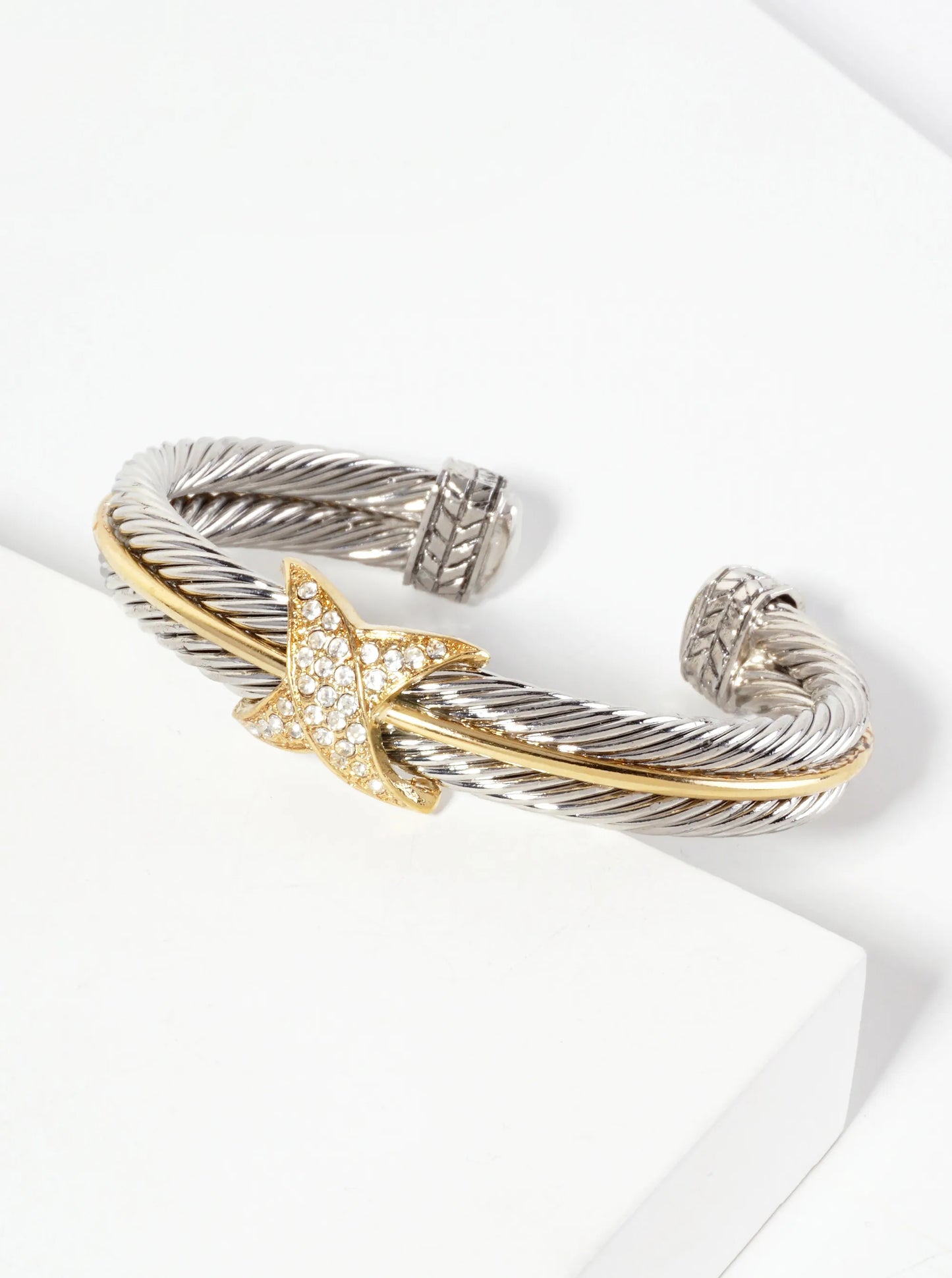 Dual-Tone Crystal-Pave Crossover Accent Open Cuff Bracelet