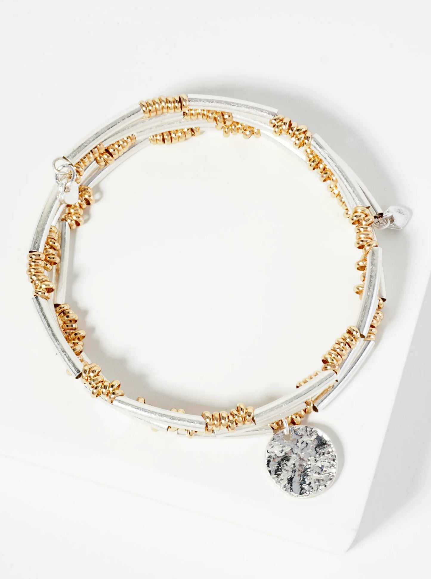 Dual-Tone Elastic Spring Bracelet With Hammered Disc Charm