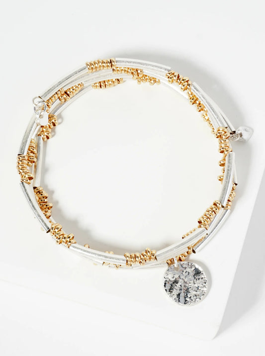 Dual-Tone Elastic Spring Bracelet With Hammered Disc Charm