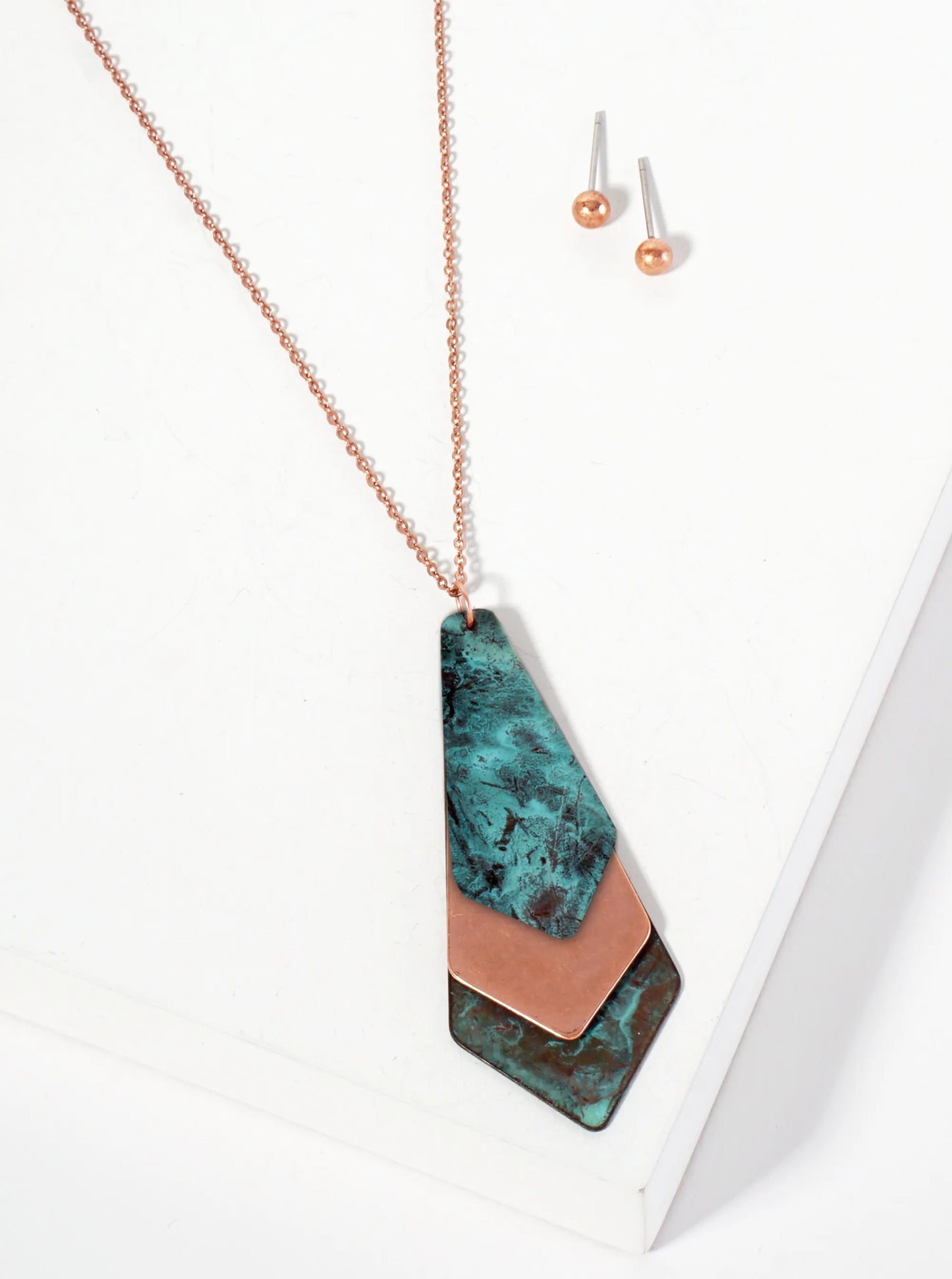 Dual-Tone Geometric Double Rhombus Pendant 28-inch Long Necklace Set-with Earrings