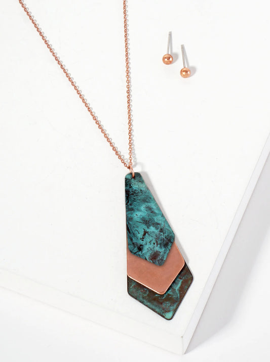 Dual-Tone Geometric Double Rhombus Pendant 28-inch Long Necklace Set-with Earrings