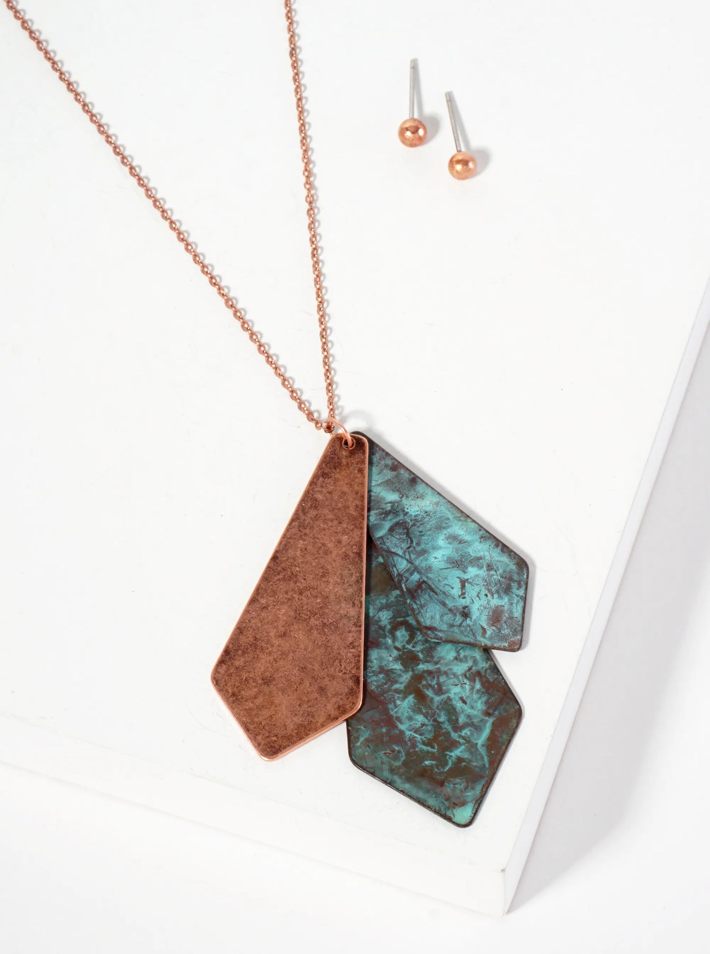 Dual-Tone Geometric Double Rhombus Pendant 28-inch Long Necklace Set-with Earrings