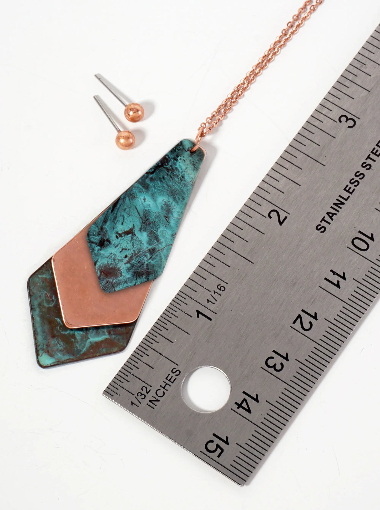 Dual-Tone Geometric Double Rhombus Pendant 28-inch Long Necklace Set-with Earrings