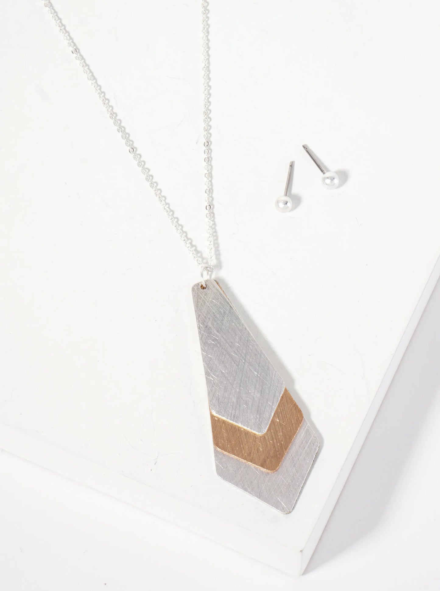 Dual-Tone Geometric Double Rhombus Pendant 28-inch Long Necklace Set-with Earrings