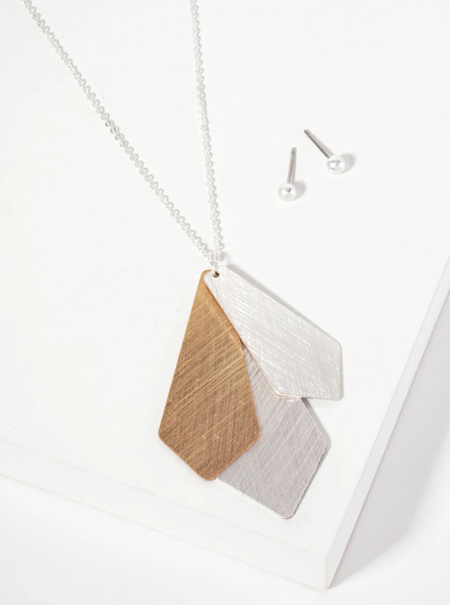 Dual-Tone Geometric Double Rhombus Pendant 28-inch Long Necklace Set-with Earrings