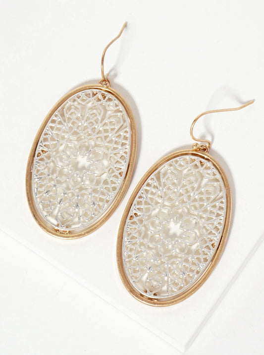 Dual-Tone Geometric-Pattern Filigree Oval Dangle Earrings
