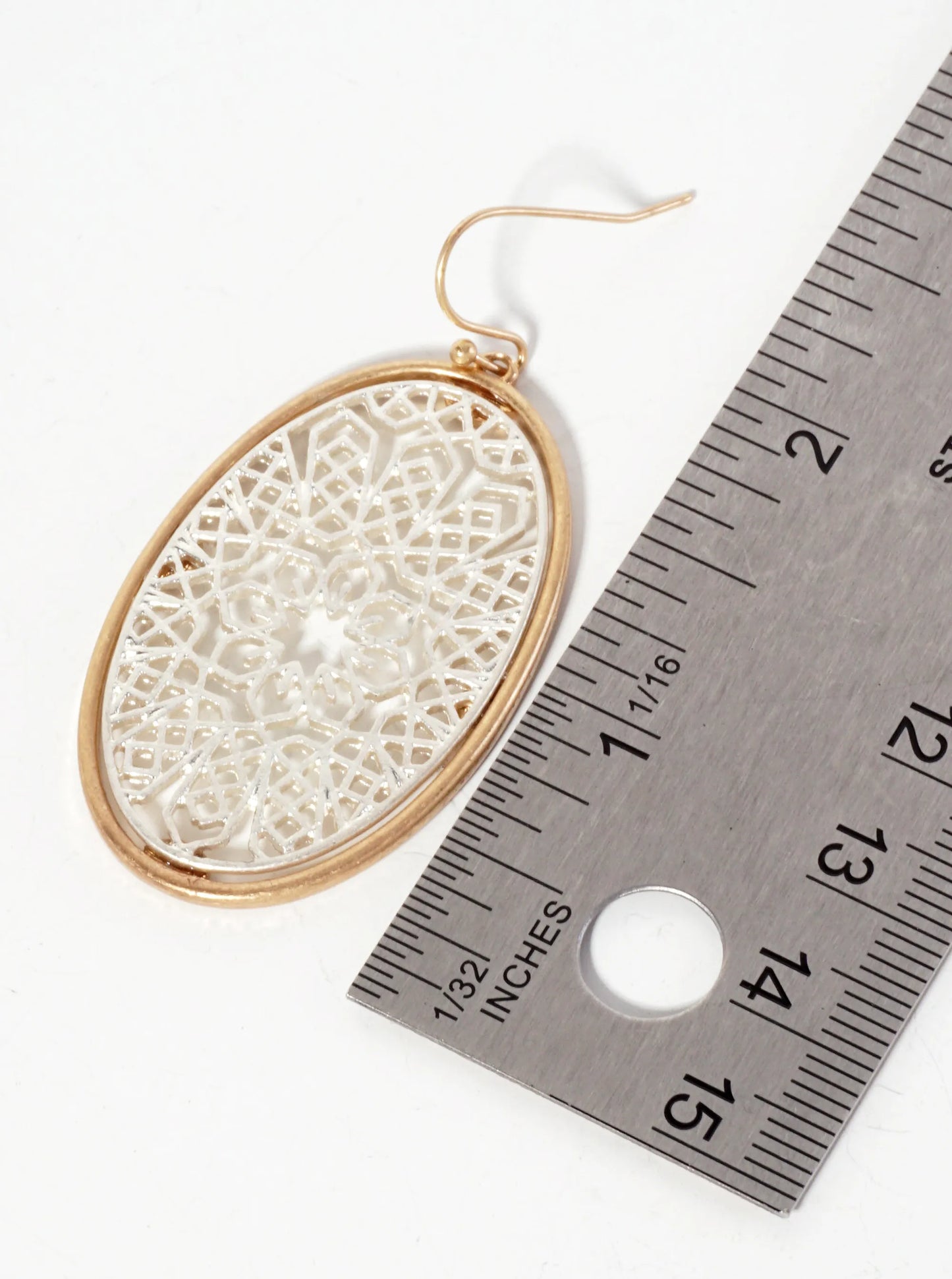 Dual-Tone Geometric-Pattern Filigree Oval Dangle Earrings