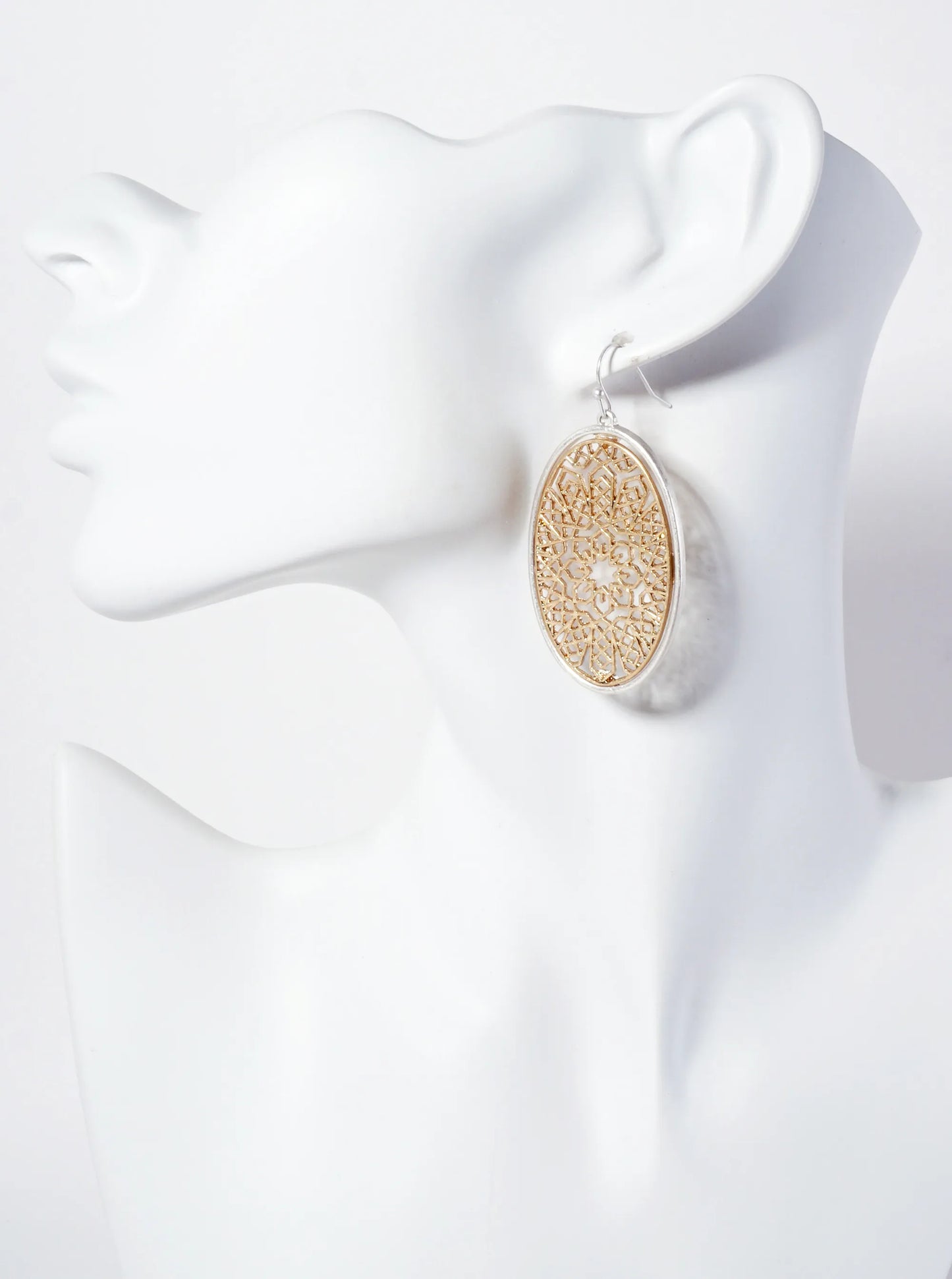 Dual-Tone Geometric-Pattern Filigree Oval Dangle Earrings