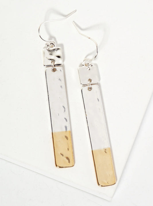 Dual-Tone Hammered-Texture Bar Drop Earrings