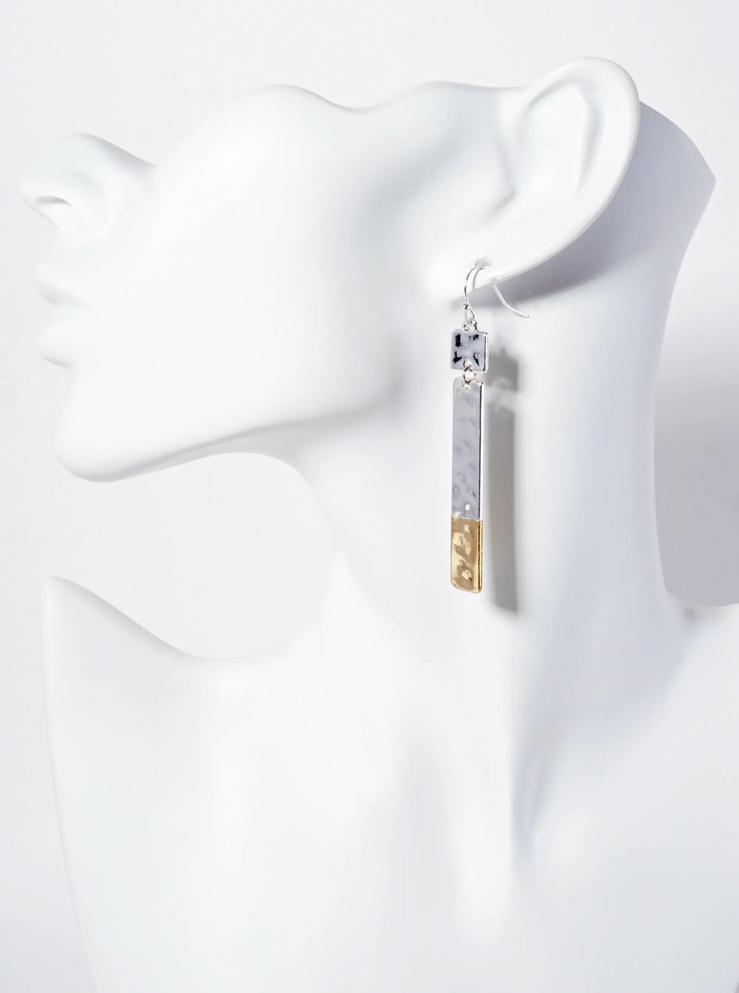 Dual-Tone Hammered-Texture Bar Drop Earrings