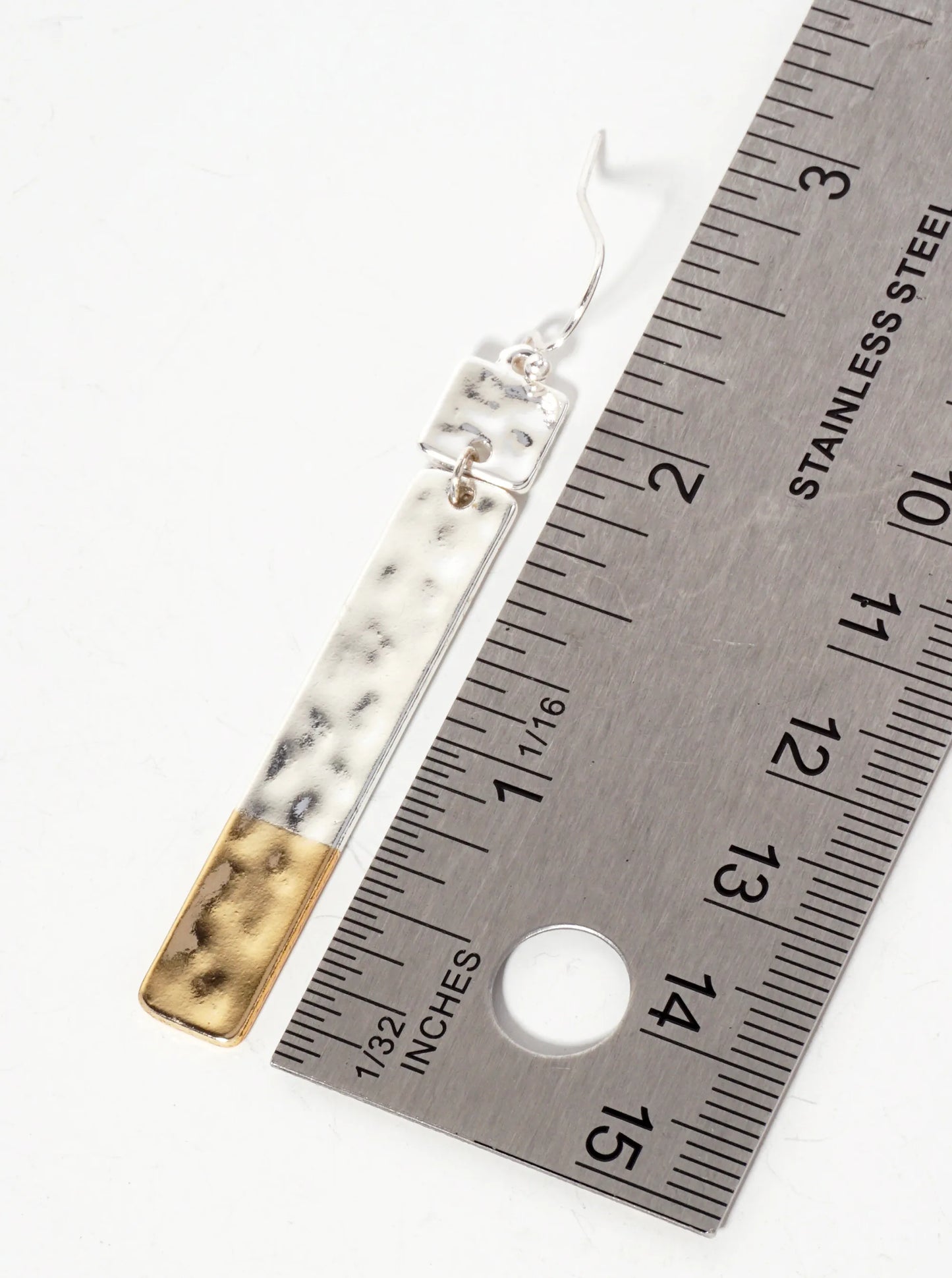Dual-Tone Hammered-Texture Bar Drop Earrings