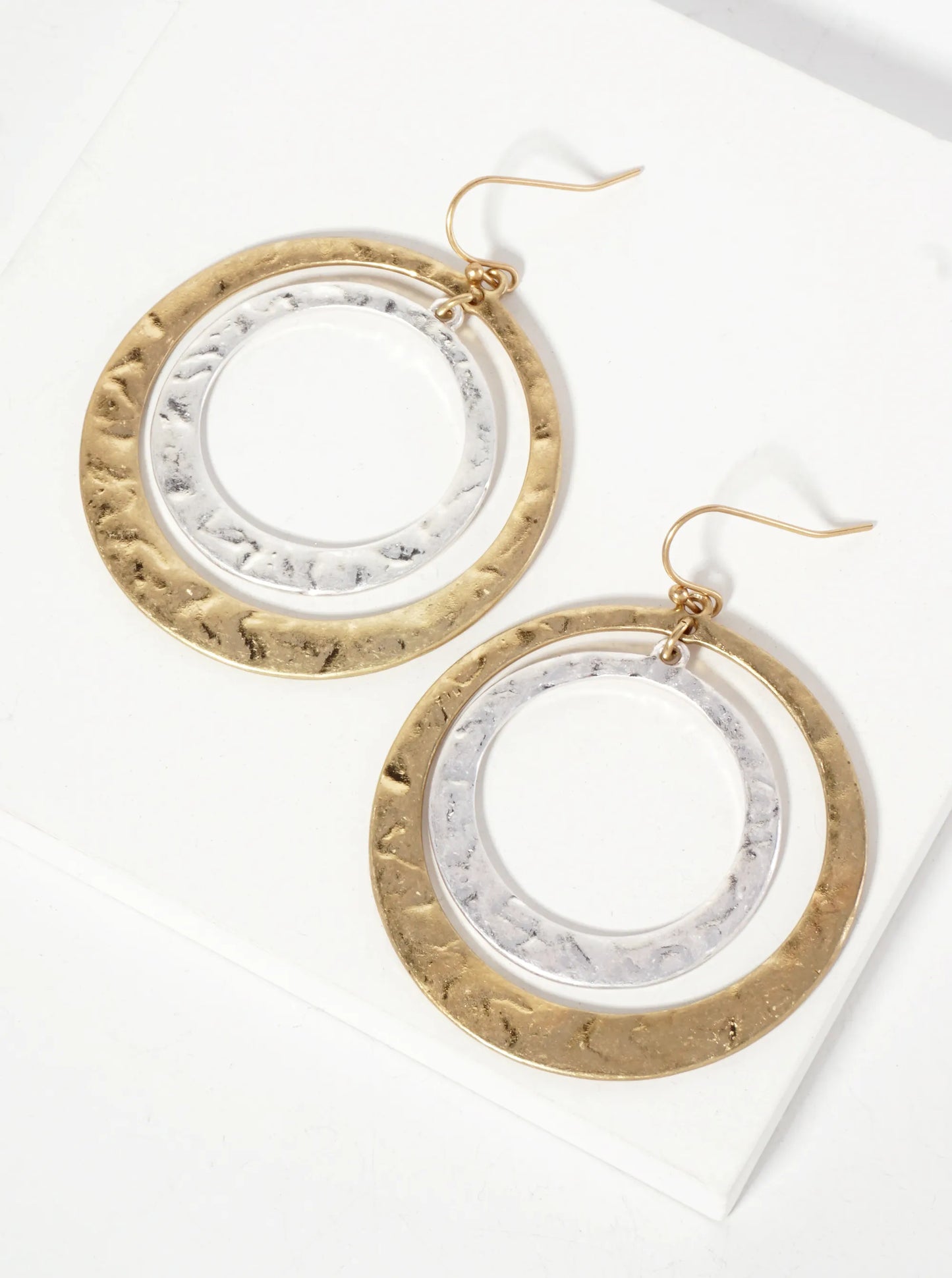 Dual-Tone Hammered-Texture Double Circle Drop Dangle Earrings