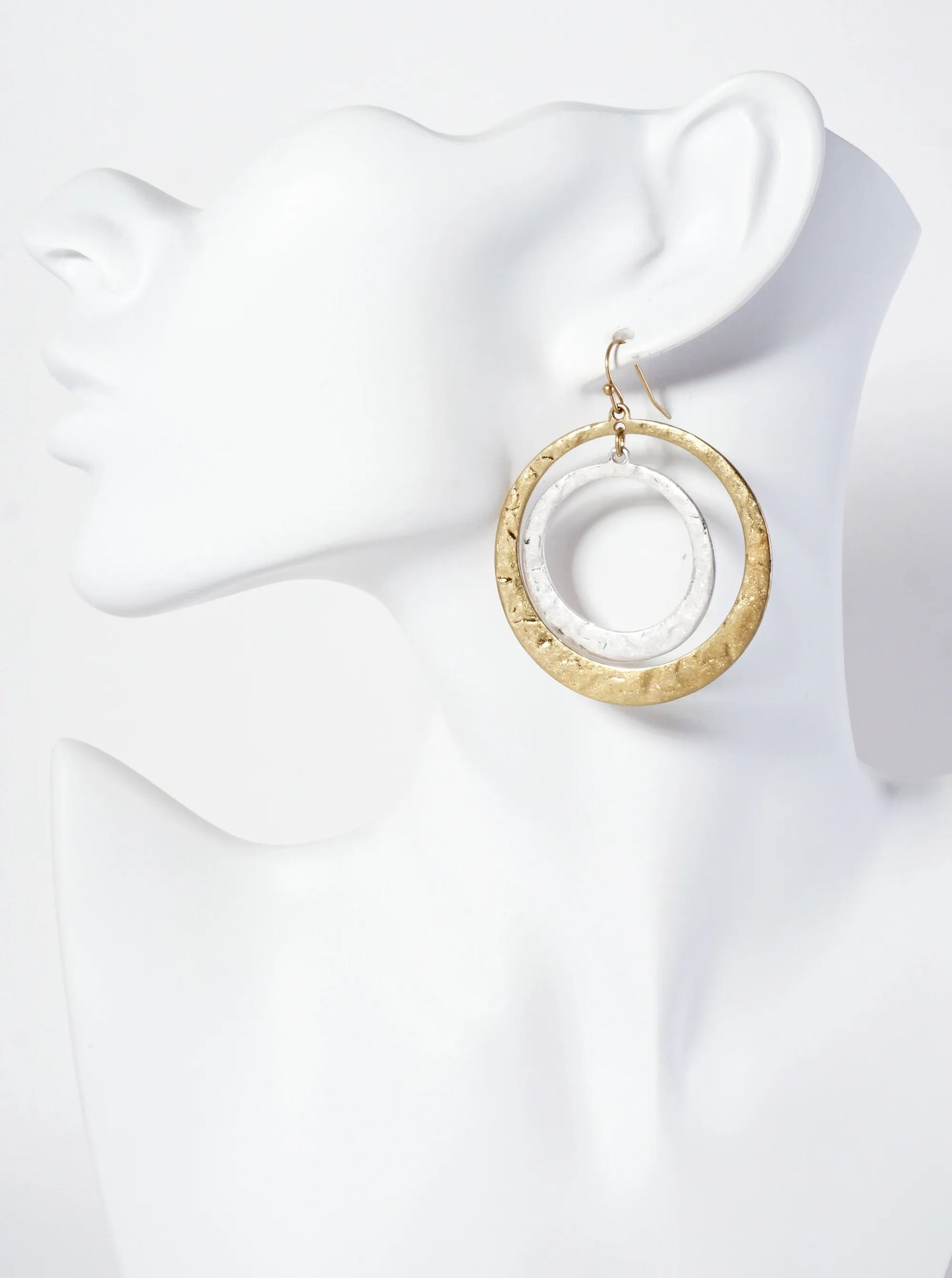 Dual-Tone Hammered-Texture Double Circle Drop Dangle Earrings