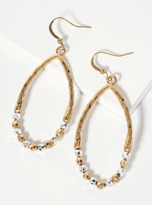 Dual-Tone Hammered-Texture Metallic-Beaded Teardrop Dangle Earrings